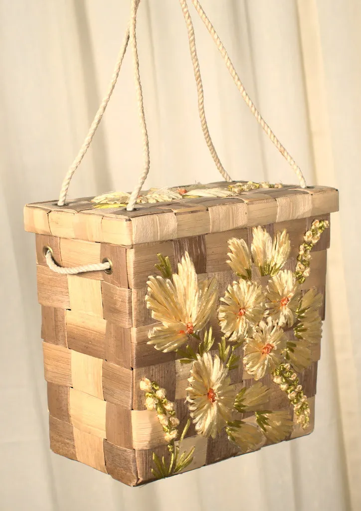 1960s Vintage Yellow Raffia Box Handbag