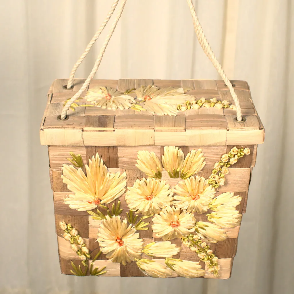 1960s Vintage Yellow Raffia Box Handbag
