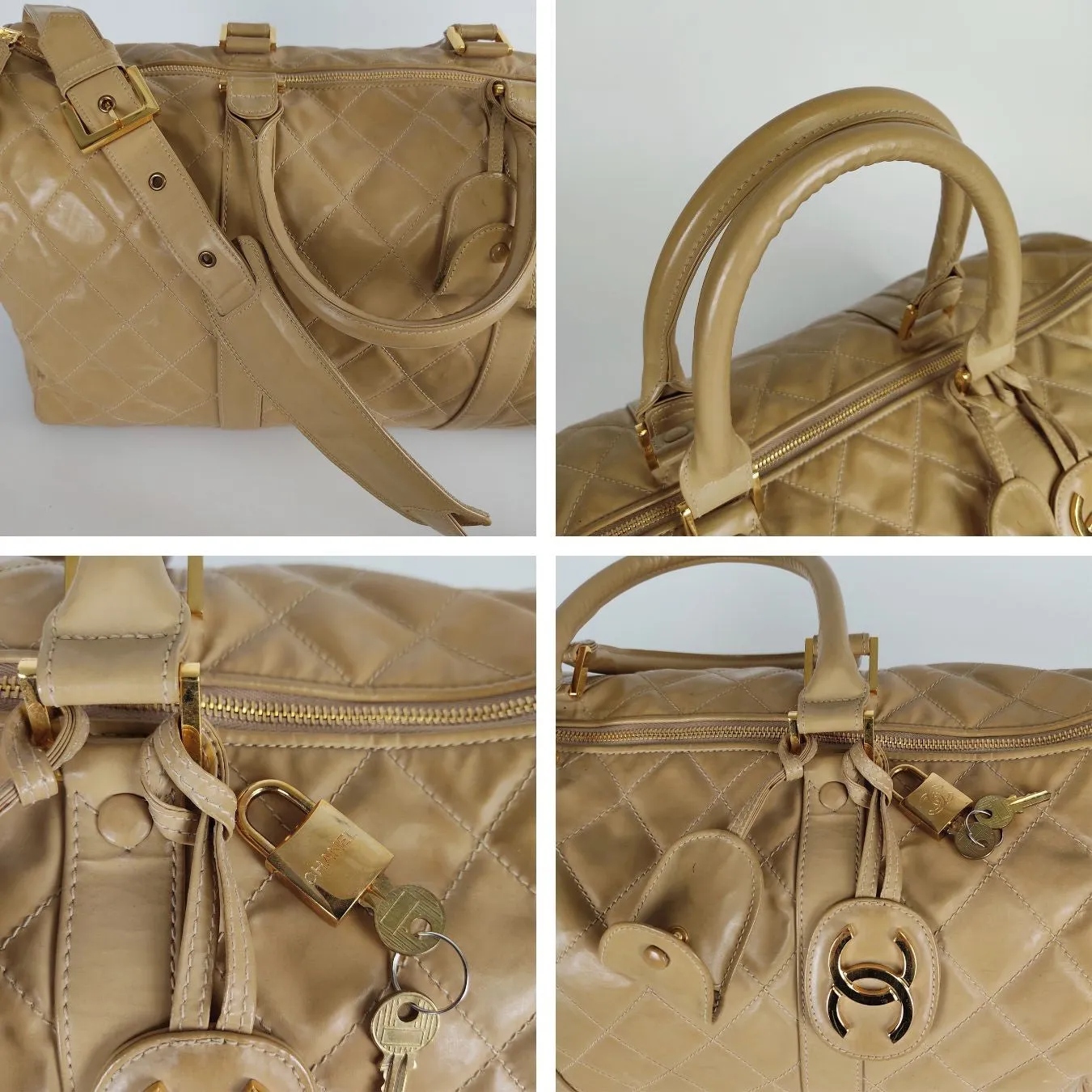 CHANEL Chanel Chanel quilted travel bag in beige patent leather