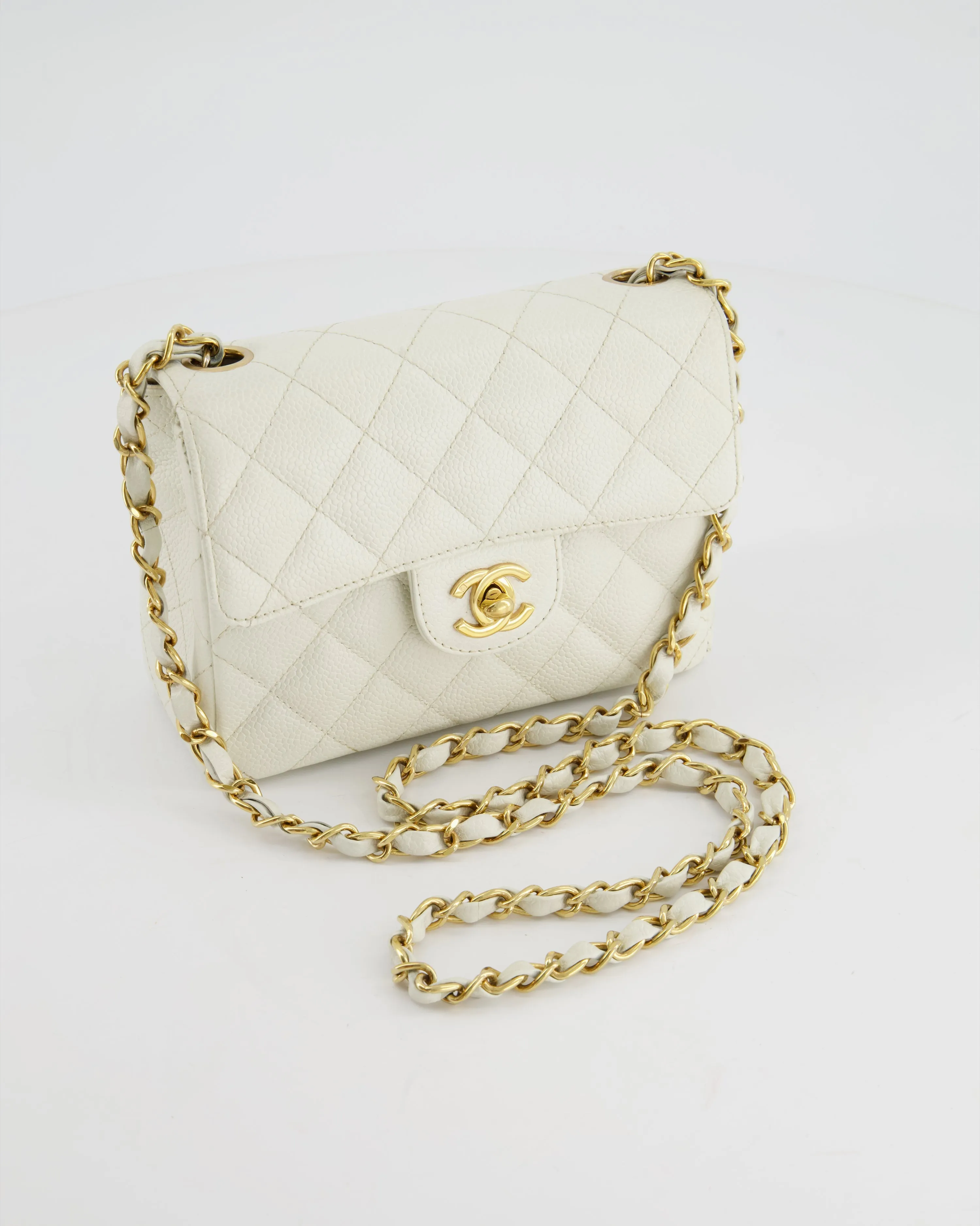 *RARE* Chanel Vintage White Caviar Mini Square Flap Bag with 24K Gold Hardware