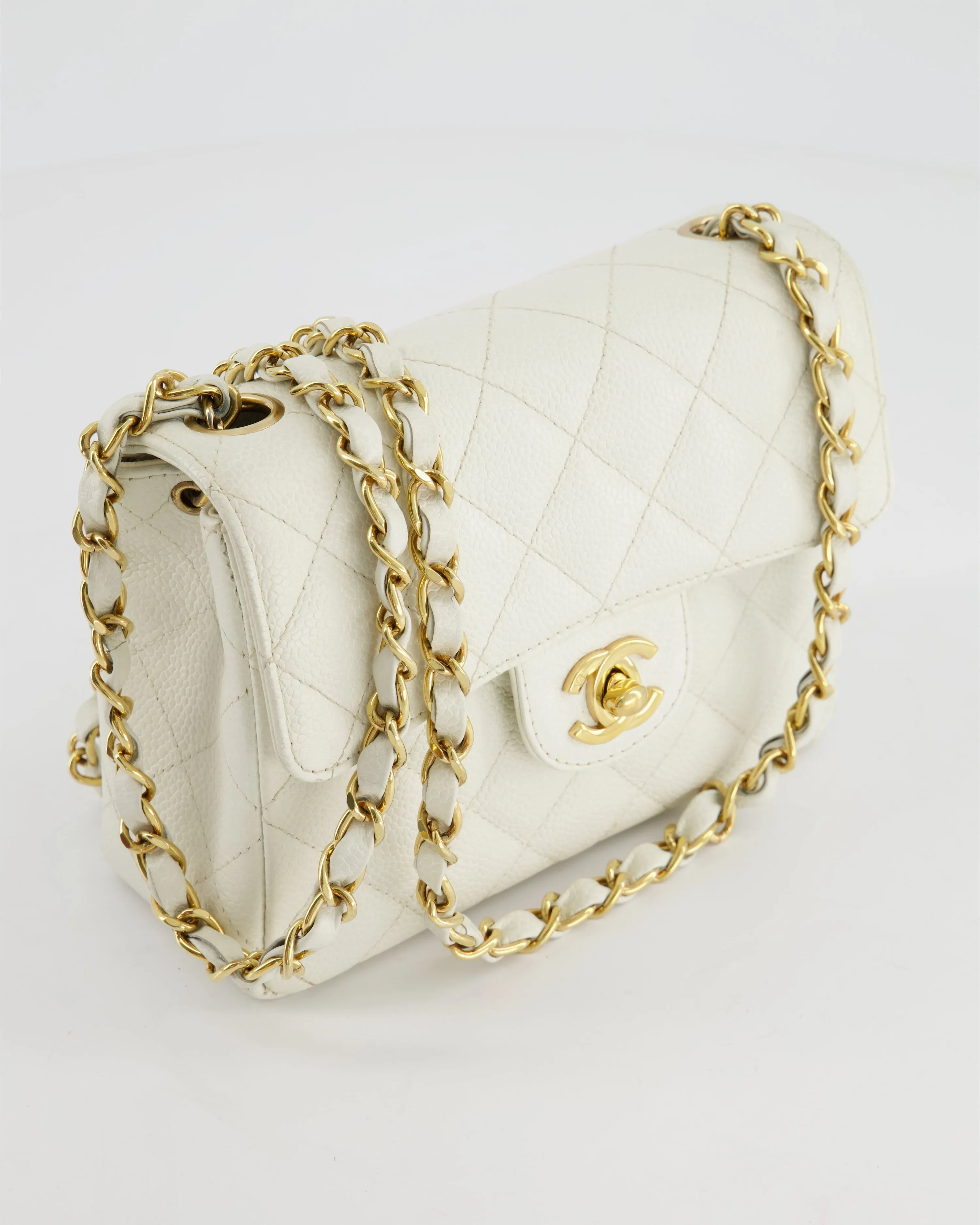 *RARE* Chanel Vintage White Caviar Mini Square Flap Bag with 24K Gold Hardware